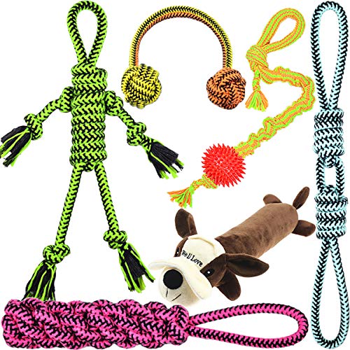 [Upgrade Version] Well Love Dog Toys - Chew Toys - 100 Natural Cotton Rope - Squeak Toys - Dog Balls - Dog Bones - Plush Dog Toy - Dog Ropes - Tug of War Ball - Toys for Dog 6pack Set