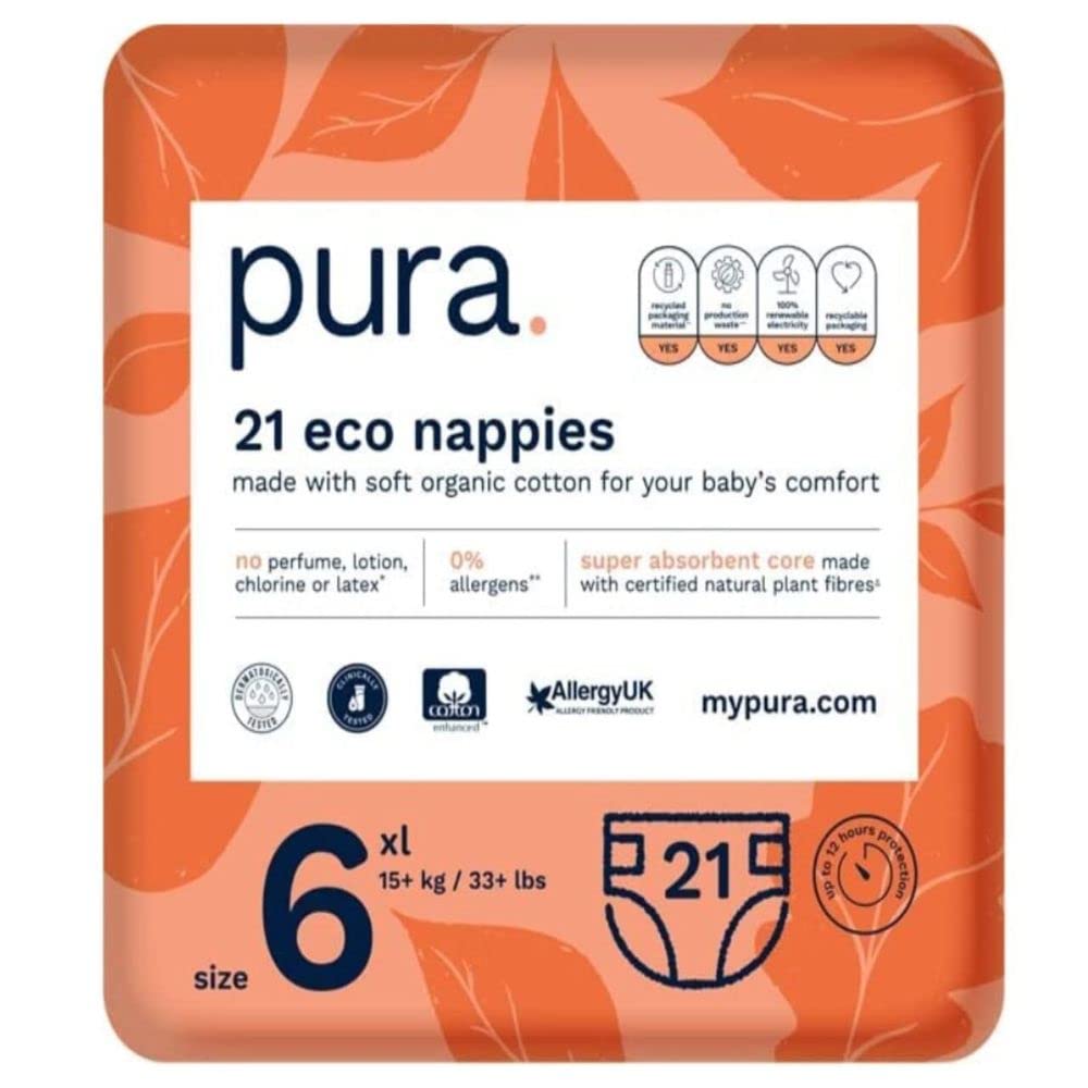 Pura Baby Nappies Size 6 (XL 15kg+ / 33+ lbs) 1 Pack of 21 Nappies, Toddler, Allergy UK Approved, Made with Organic Cotton, up to 12 hour Leakage Protection