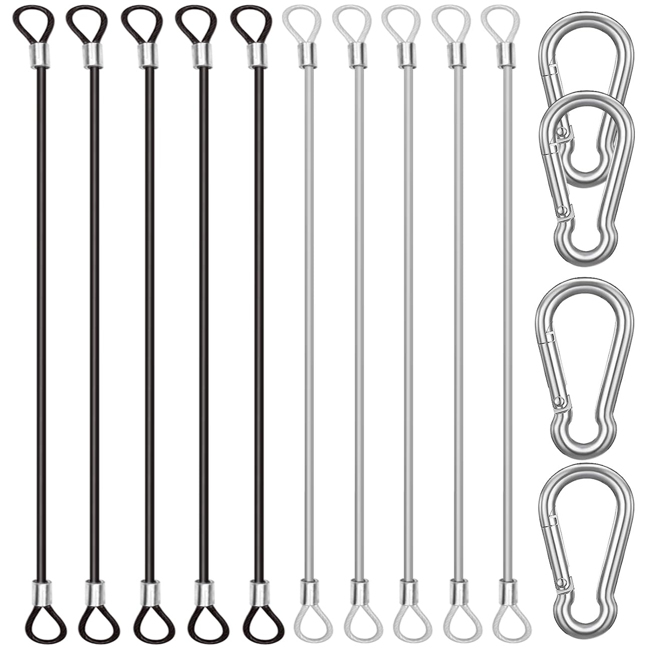 CKANDAY 10 Pack 20 Inch(50cm) Safety Stainless Steel Tethers with 4 Pcs Spring Snap Hook Clips, Steel Wire Cable with Loops Vinyl Cover Coated Short Rope Lanyard Lock Safety Tether Chains, 2 Colors