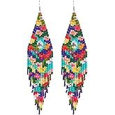 Long Beaded Tassel Earrings - Bohemian Fringe Drop Earrings Statement, Seed Bead Tribal Dangle Earrings, Pendientes De Borla, Idea for Women, Valentine