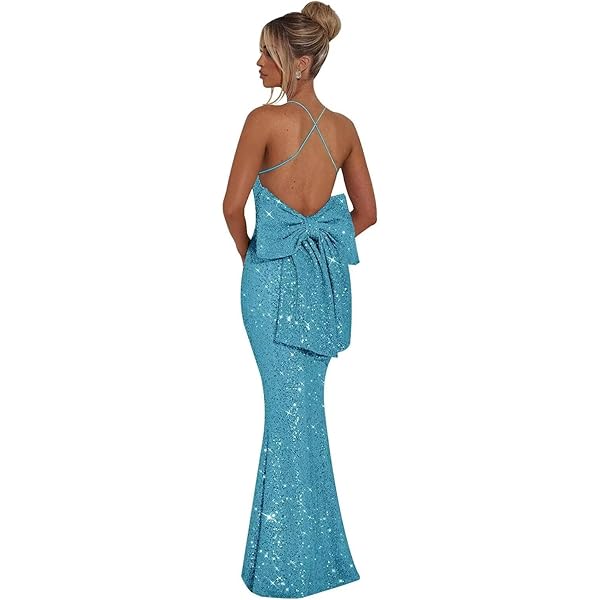Amazon.com: Wirunsy Sparkly Sequin Prom Dresses 2026 Spaghetti Straps  Glitter Formal Gowns Sexy Backless Mermaid Evening Party Dress with Bow  Aqua 0 : Clothing, Shoes & Jewelry