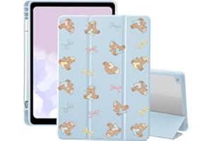 AdorableWhimsy Sleepy Bear Bow Case for iPad Pro 13 Inch M4 2024/M5 2025 with Pencil Holder Blue Leather Trifold Stand Girly 