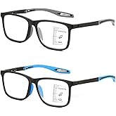 Missfive 2 Pack Upgraded Unbreakable Multifocus Progressive Reading Glasses Men Women, TR90 Sports Style Anti UV/Eyestrain/Blue, Light Multifocal Readers Spring Hinge Near-Workspace Eyewear 2.5x