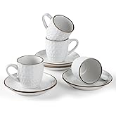 famiware Espresso Cups and Saucers Set of 4, 3 oz Ceramic Small Coffee Mug with Handle, Embossed Stoneware Demitasse Cup for Tea, Latte - Microwave & Dishwasher Safe - White Circle