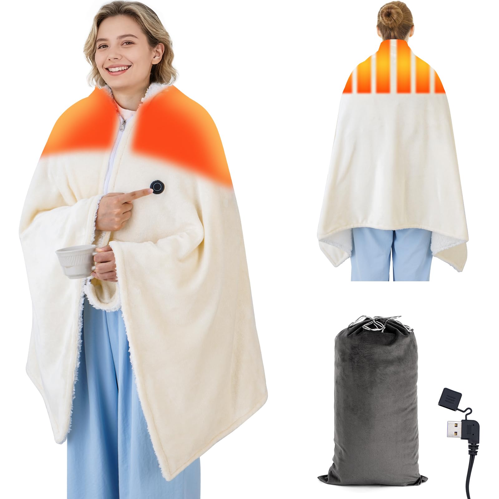 Photo 1 of COVBOARD USB Heated Blanket for Keeping Warm, Cordless Wearable Throw with 3 Heat Levels, Battery Operated(No Power Bank Included) Shawl for Outdoor Use(Milk)