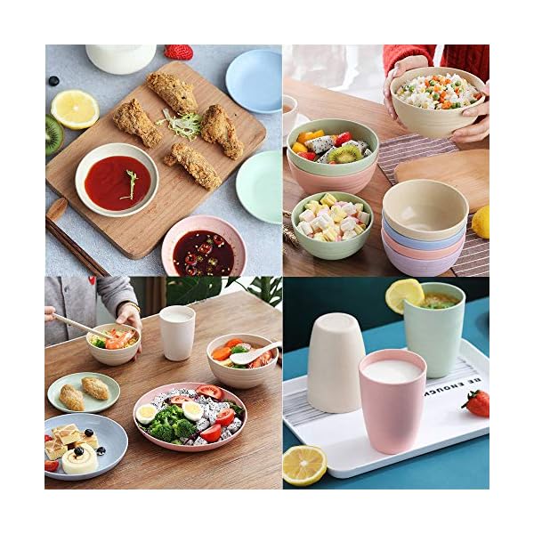 24Pieces Wheat Straw Dinnerware Set, Lightweight Plates Bowls Cups Dishes Set, Unbreakable Tableware Set for Picnic Party BBQ Camping (24pcs)