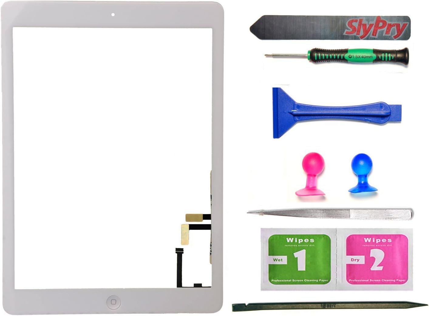 Touchscreen Replacement for Apple iPad Air Front Touch Panel Touch Screen Digitizer + Home Button and Flex Cable + Adhesive Tape Assembly (Black) with SlyPry Tool kit (White)
