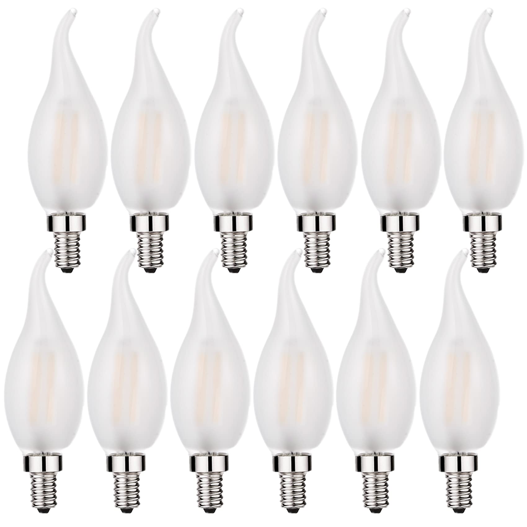 Photo 1 of Beonllay LED Candelabra Bulb 25W Equivalent 3000K Soft White Flame tip Frosted Glass 2W LED Filament Bulb E12 Base Decoration E12 LED Bulb Dimmable 12 Pack