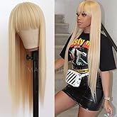 Maycaur Blonde Synthetic Hair Wigs with Full Bangs #613 Color Long Straight Women's Wig Heat Resistant Synthetic No Lace Wigs for Fashion Women
