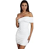 Zeflows Womens Off Shoulder Sleeveless Bodycon Dresses Ruched Solid Sexy Graduation Cocktail Party Mini Dresses