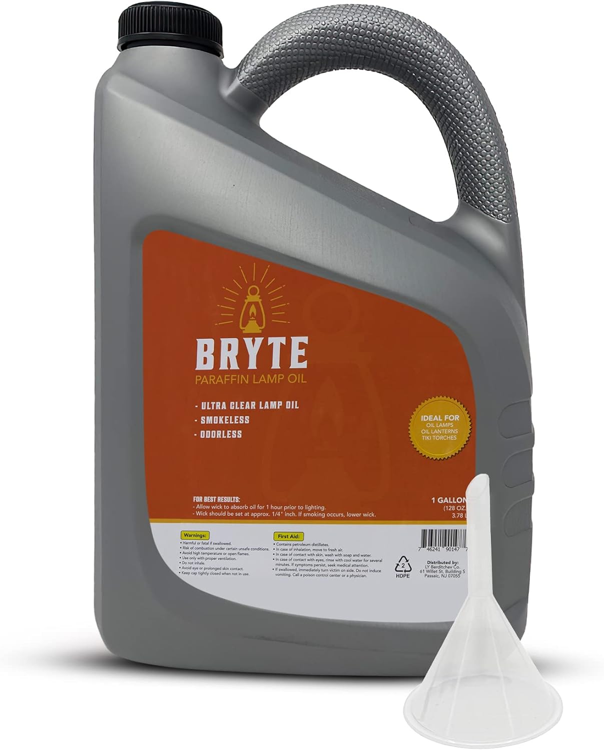 Oil Lamps & Accessories - Bryte Paraffin Lamp Oil - Smokeless, Odorless, Clean & Clear, Paraffin Oil for Indoor and Outdoor Use, Funnel Included, 1 Gallon