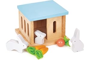 Mentari Toys - Rabbit Hutch Pet Set - 7pc Wooden Bunny Family with House and Play Food - Dollhouse Accessory - Perfectly Sized for Dollhouses - Encourages Imaginative Play and Animal Care - Age 3+