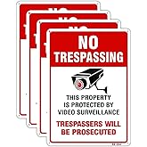 Large Video Surveillance Signs Outdoor, 4-Pack No Trespassing Sign Aluminum 10x14 Inch UV Ink Printed for House and Business