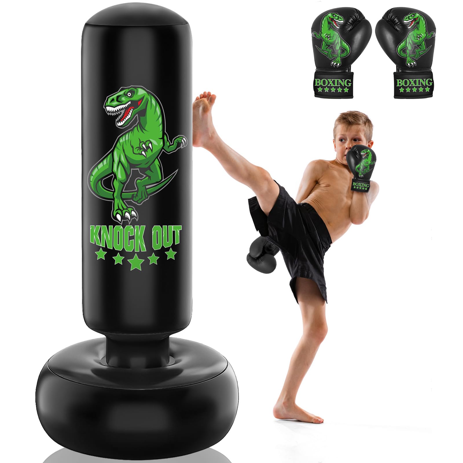 JUOIFIP Kids Punhing Bag - 160 cm Freestanding Boxing Bag Set with Boxing Gloves - Ferocious Dinosaur Sports inflatable kickboxing bag for Training Karate Taekwondo MMA
