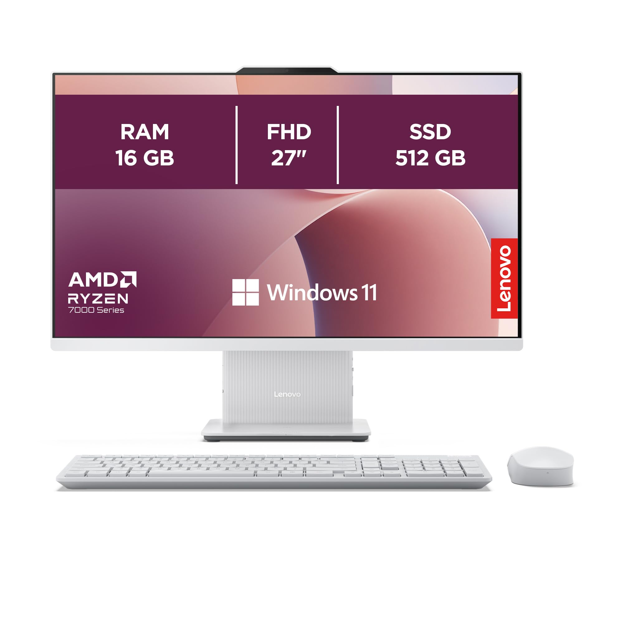 Lenovo IdeaCentre Computer desktop All-In-One, Display 27" FHD, AMD Ryzen 5 7535HS, 512GB SSD, RAM 16GB, Base di ricarica smartphone wireless, Speakers, WiFi 6, Windows 11 H, Tastiera + Mouse Wireless