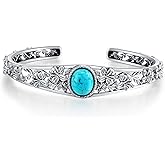 DOLIOX Genuine Turquoise Cuff Bracelet for Women, Sterling Silver Western Vintage Floral Bangle Native American Jewelry, For 6.5-7.5 Inch Wrists