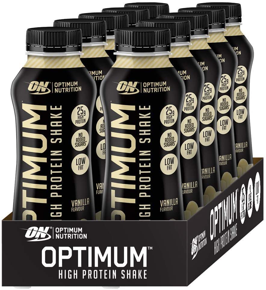 Optimum Nutrition High Protein Shake Bottles, Ready To Drink Healthy Snacks, No added sugars, low fat , Post Workout Snack for Men and Women, Vanilla Flavour, 12X330 ml, Packaging may vary
