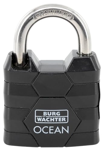 Burg-Waechter Padlock with 2 Keys, 6.3 mm Shackle Thickness, Marine Waterproof, Solid Brass Body, Double Locked, Ocean 490 Ni 40 SB, Black
