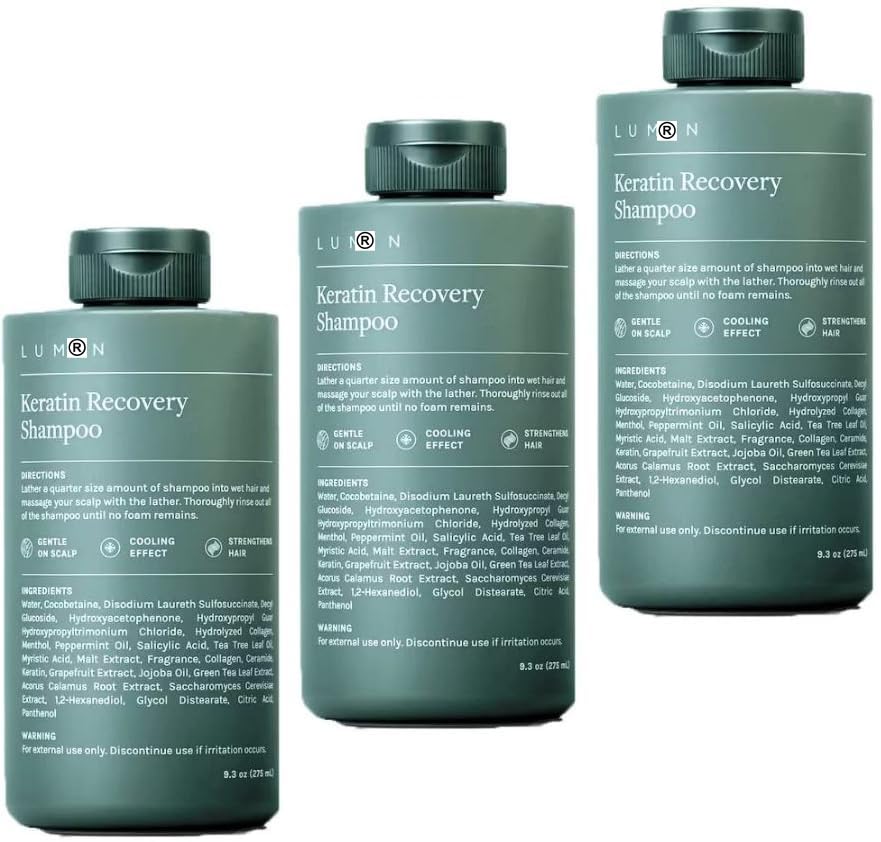3 x Lumin Keratin Revitalising Recovery Shampoo For Men | Repair & Rehydrate Dry, Damaged Hair | Boost Hair Growth | Tea Tree Leaf Oil for Gentle Cooling Cleanse | Paraben Free | [275ml x 3]