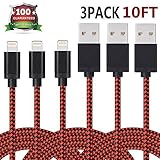 iPhone Charger Xcords 3Pack 10ft Nylon Braided Lightning Cable Fast Charging and Syncing Cord Compatiable with iPhone 8 8P X 7 7P 6 6s 6P 5 5s 5c SE iPad iPod Nano(Redblack)