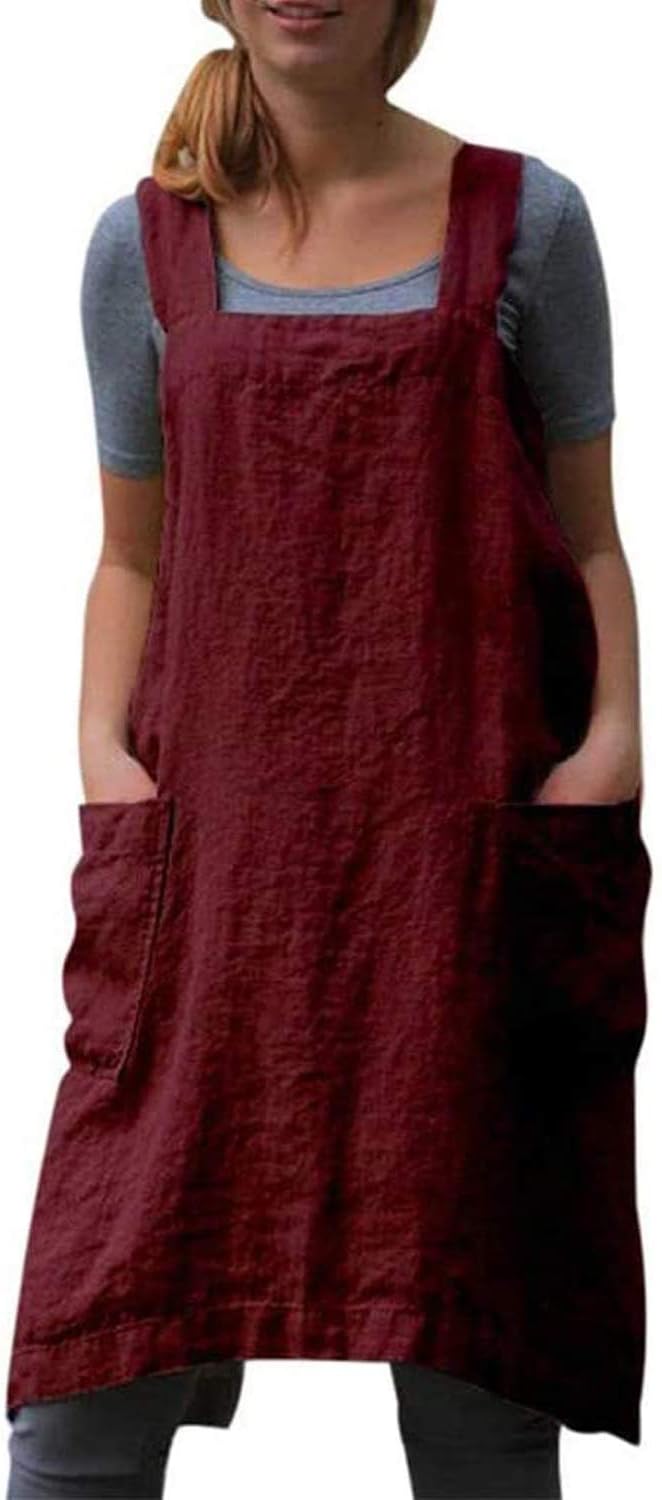 Cotton Linen Apron Cross Back Apron for Women with Pockets