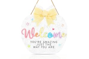 CHDITB Cute Classroom Door Sign(11”x11.8”), Colorful Apple 3D Welcome Door Sign with Yellow Plaid Bow Inspirational Quotes, Speech Therapy Decor Sign for Classroom Kindergarten Preschool