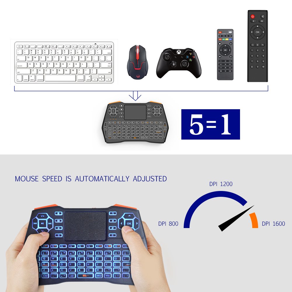 KUD i8+ 2.4GHz Plus Mini Wireless Keyboard with Touchpad Mouse Rechargable Air Mouse LED Backlit Handheld Remote Control Controller for Android TV BOX Smart TV PC Notebook Mini PC Li-ion Battery