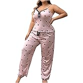 WDIRARA Women's Plus Size Heart Print Slim Fit Sexy Sleepwear Set Lace Trim V Neck Cami Top and Pants Pajama Set