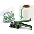 Flyrivergo Banding Strapping Kit 3/4" x 330' Woven Cord Pallet Strapping Tool 2500lbs Tensile Strength Packaging Strapping Kit with 100pcs Metal Buckles, Upgraded Tensioner