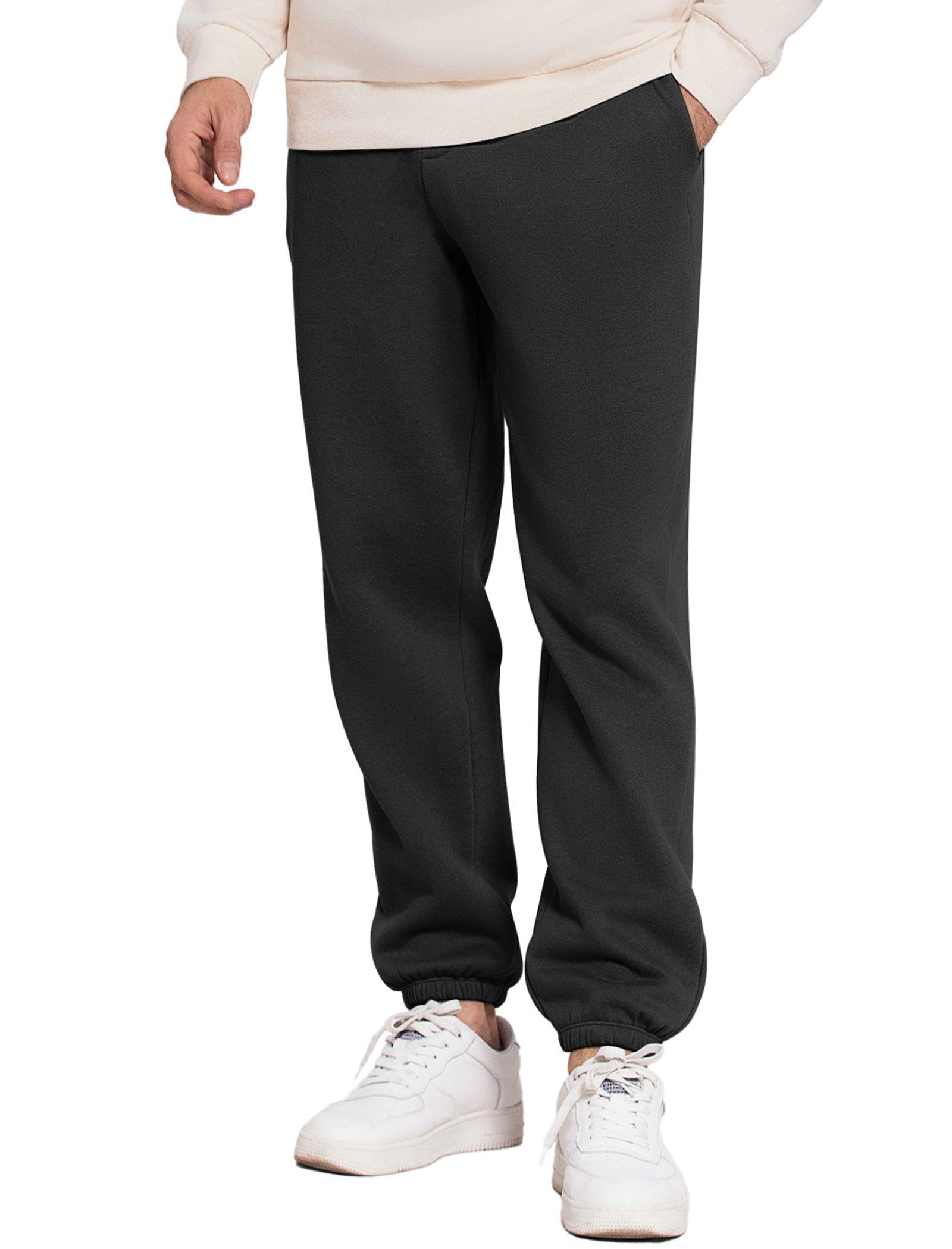 PINSPARK Men's Fleece Cotton Cuffed Sweatpants Elastic Waist Joggers Pants with Drawstring Heavyweight Warm Sweat Pants Black