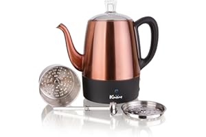Euro Cuisine PER04 Stainless Steel Electric Coffee Percolator, 4 Cup, Polished Copper Finish, Dripless Gooseneck Spout, Clear Glass Knob, Brewing Indication, Keep-Warm Function, Detachable Cord