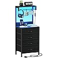 Furnulem Tall Nightstand with Charging Station, Night Stands with LED Lights and Storage Shelves, Bed Side Table for Bedroom, Hallway, Office, 4 Fabric Drawers (Black Oak)