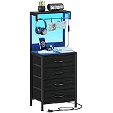 Furnulem Tall Nightstand with Charging Station, Night Stands with LED Lights and Storage Shelves, Bed Side Table for Bedroom, Hallway, Office, 4 Fabric Drawers (Black Oak)