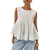 WOWULOVELY Womens Summer Pleated Peplum Sleeveless Blouse Tank Tops Crew Neck Babydoll Blouse Y2K Round Shirt 2025