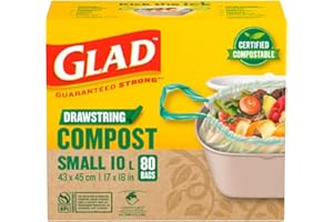 Glad Certified Compostable Drawstring Bags - Small 10 Litres - Drawstring, 80 Compost Trash Bags - Unscented