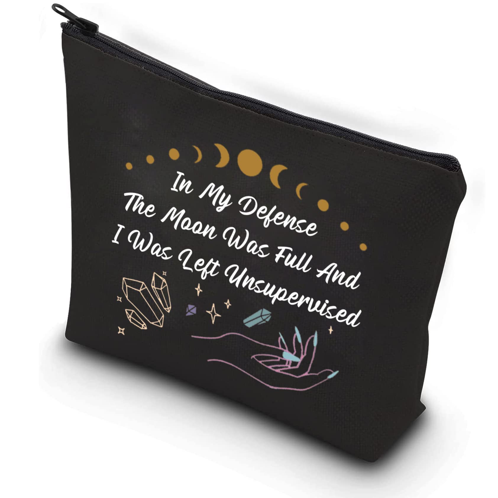 PXTIDY Moon Phase Cosmetic Bag Moon Witch Gift in My Defense The Moon was Full and I was Left Unsupervised Makeup Bag Witchcraft Bag Witchy Gifts (Black)