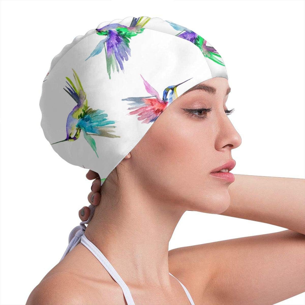 Lanswim Swim Cap for Women/Men，Waterproof Hair Swimming Caps Special Printed Adults Comfortable Fit Swimming Cap for Hummingbird Watercolor : Sports & Outdoors