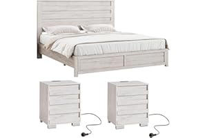 LUXOAK 3 Pcs Bedroom Furniture Sets, Farmhouse King Size Bed Frame with 49" Tall Headboard and Nightstand Sets of 2 with Charging Station, Slated Handles & Stainless Steel Feet, Distressed White