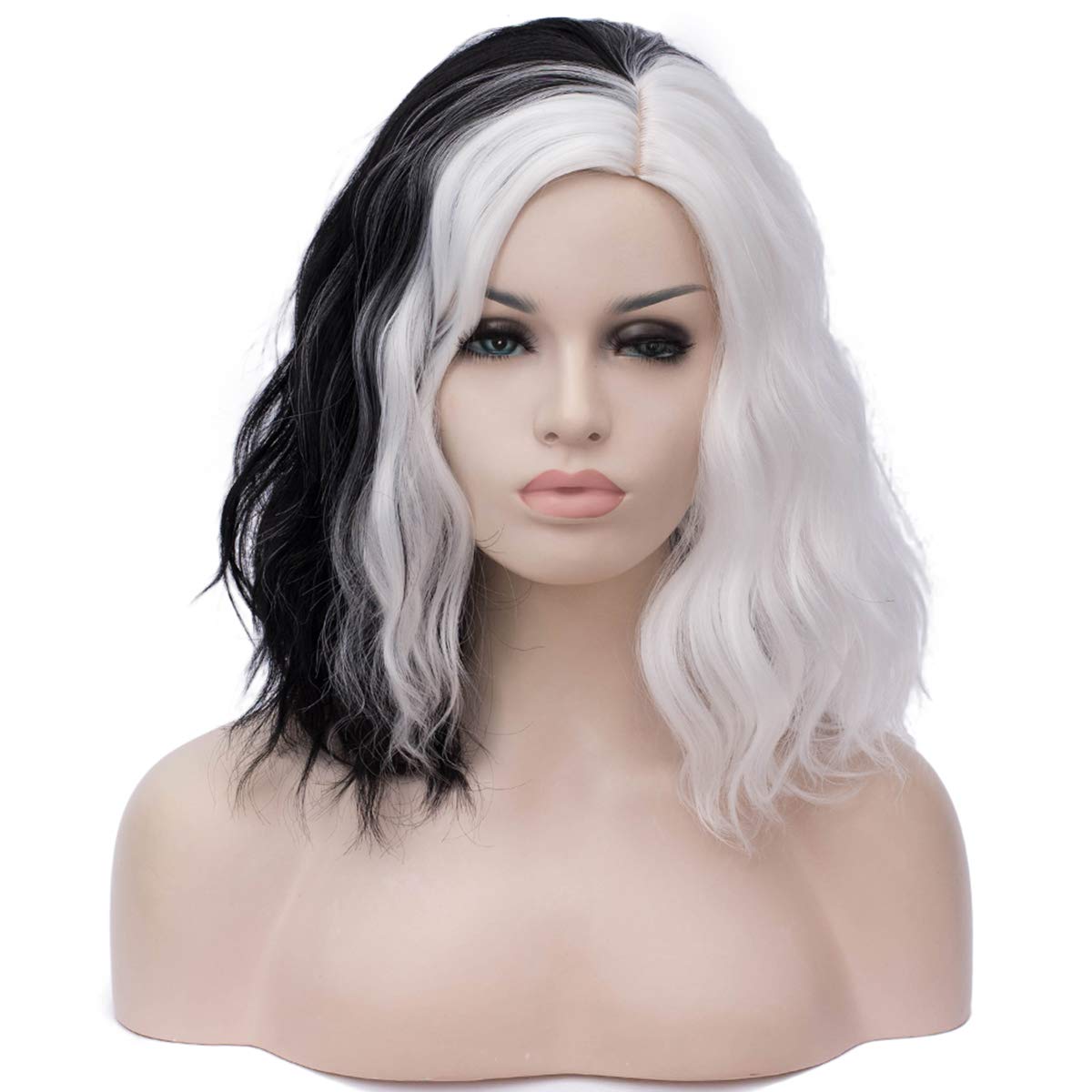 Photo 1 of Mildiso Black and White Cruella Deville Wig for Women Cruella Deville Costume Short Curly Wavy Hair Wig Cute Soft Wigs for Costume Party M058C
