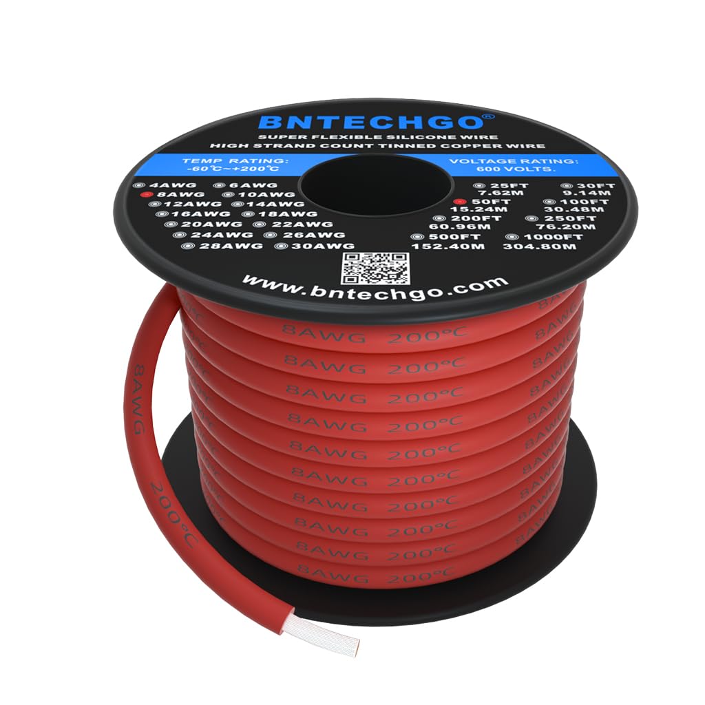 BNTECHGO 8 Gauge Silicone Wire Spool Red 50 ft Ultra Flexible High Temp 200 deg C 600V 8 AWG Silicone Rubber Wire 1650 Strands of Tinned Copper Wire Stranded Wire for Model Low Impedance