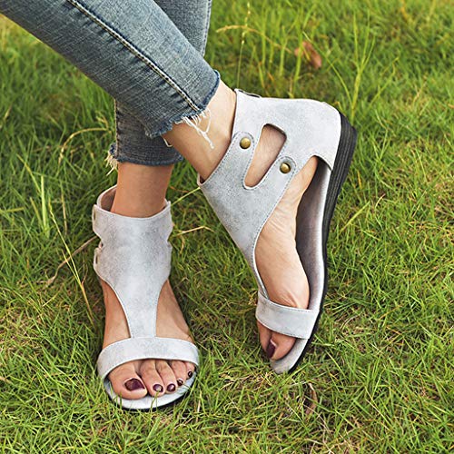 TnaIolral Ladies Sandals Leisure Solid Rome Peep Toe Large Size Flat Shoes (US:5, Gray)
