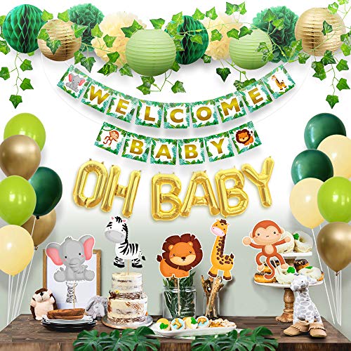 sweet baby co. jungle theme safari baby shower decorations with banner, animal centerpieces, tropical leaves, greenery garland, lantern, pom poms, oh baby balloons, neutral party supplies for boy girl