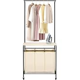 MYOYAY 3 Section Laundry Sorter with Garment Hanging Bar Rack Foldable Ironing Board, Laundry Basket Organizer Heavy Duty Laundry Hamper Rolling Cart with Lockable Wheels and 3 Removable Bags