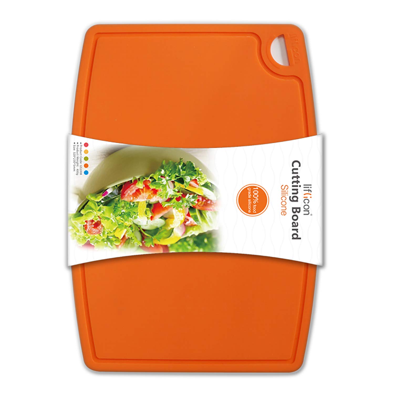 Liflicon Thick Silicone Cutting Board 12.6'' x 9.1'' Juice Grooves Easy Grip Handle Dishwasher Safe-Orange