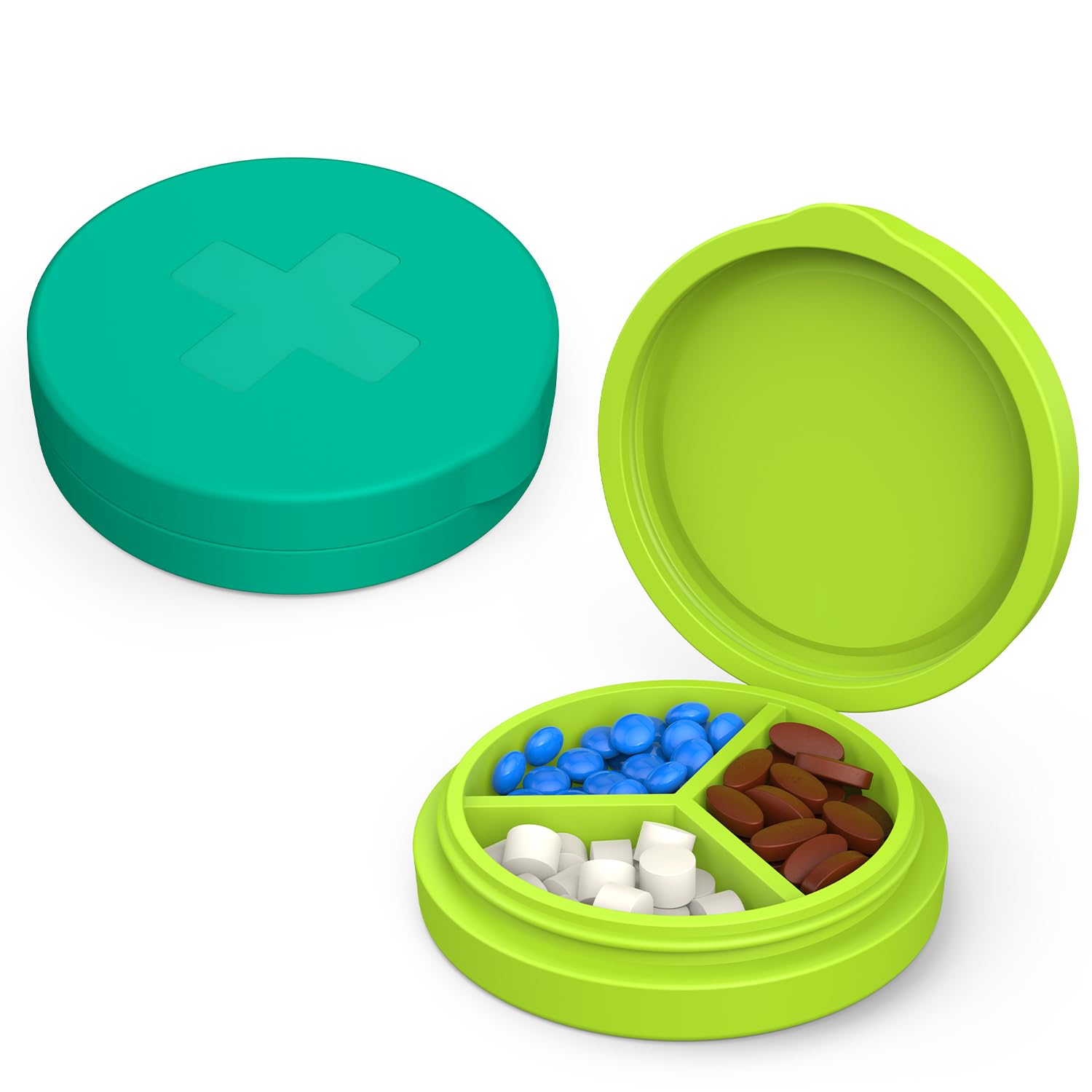 Photo 1 of 2 Pack Small Pill Box,3 Compartment Round Silicone Travel Pill Box for Purse Pocket, Waterproof Portable Compact Medicine Holder for Vitamin, Cod Liver Oil, Supplement(Green+Teal)