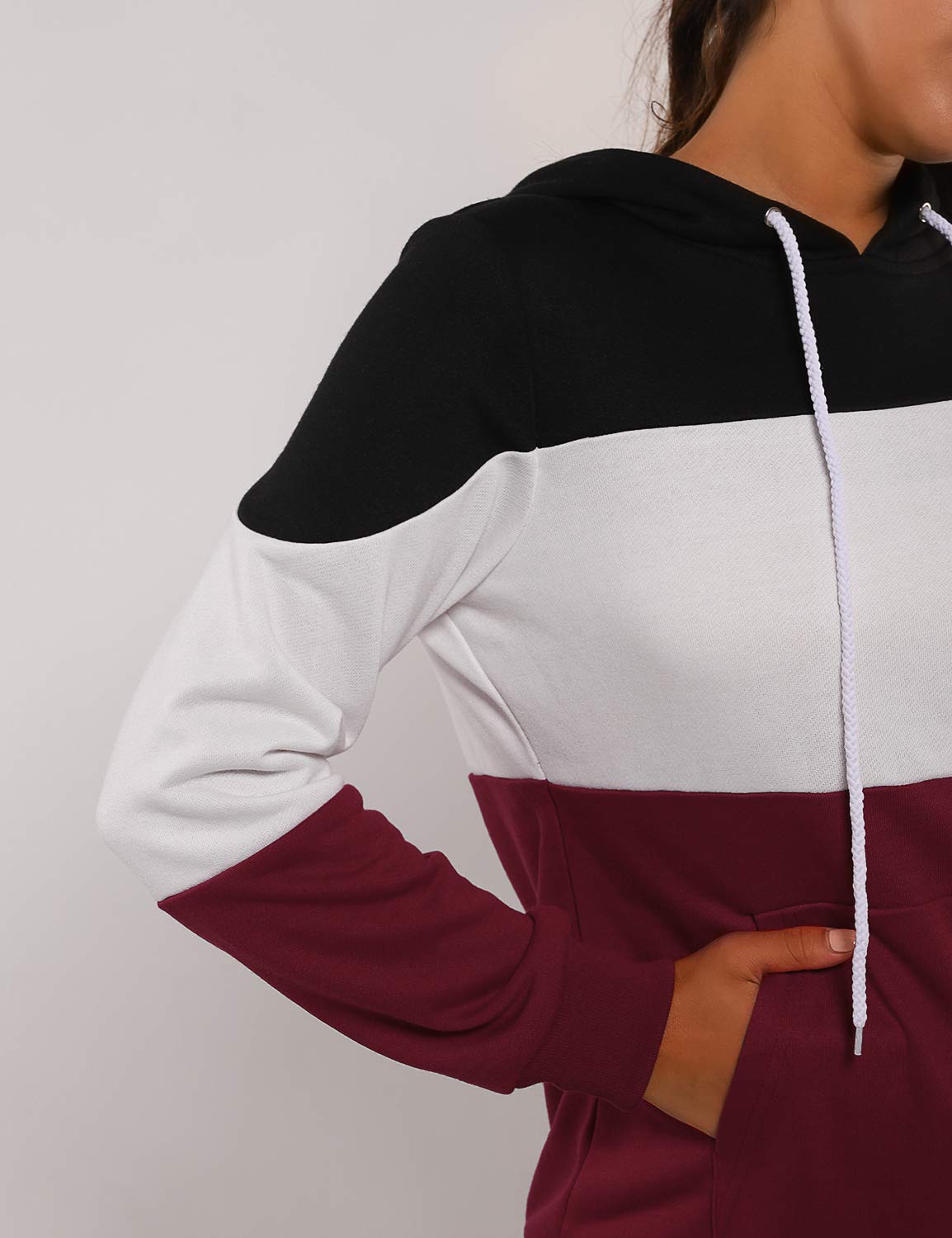 Blooming Jelly Women\'s Striped Hoodies Long Sleeve Drawstring Sweatshirt Color Block Tops with Pocket(Bkack,L=UK 14) Red