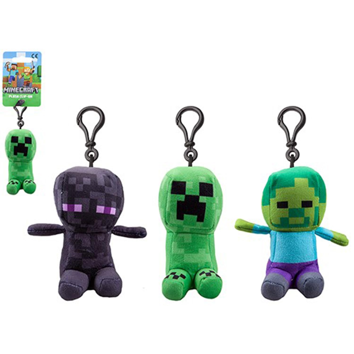 Assorted Minecraft Mini Plush Character Clip-On - 13cm, 1 Piece (3 Assortments: Zombie Steve, Creeper, Enderman) - Plush Toy with Detailed Features
