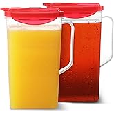 Red 50 Oz. Plastic Pitcher Set of 2 | Fridge Door Jug with Lid | Airtight Iced Tea Container