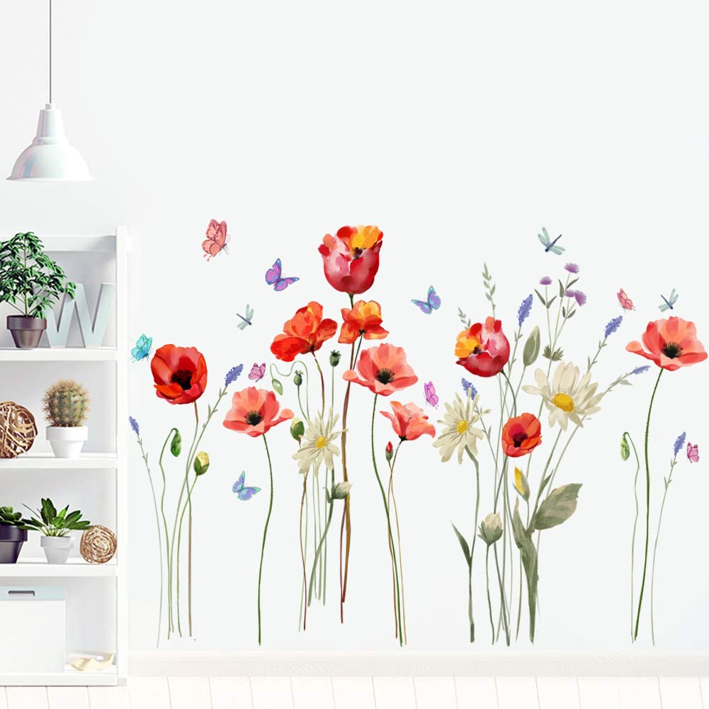 Runtoo Poppy Flowers Art Stickers Butterfly Floral Wall Decals for Living Room Bedroom Decor — image 1