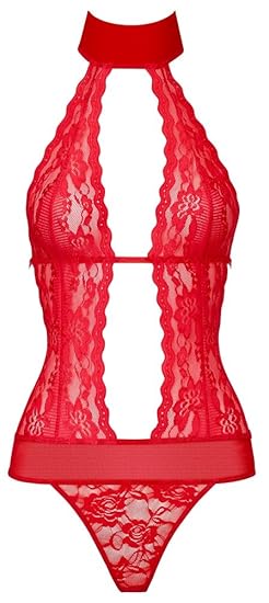 Orion Body - Reizwäsche mit Roter Spitze, verführerischer Bodysuit mit Neckholder-Halsband, Sexy Lingerie-Dessous mit Schleif